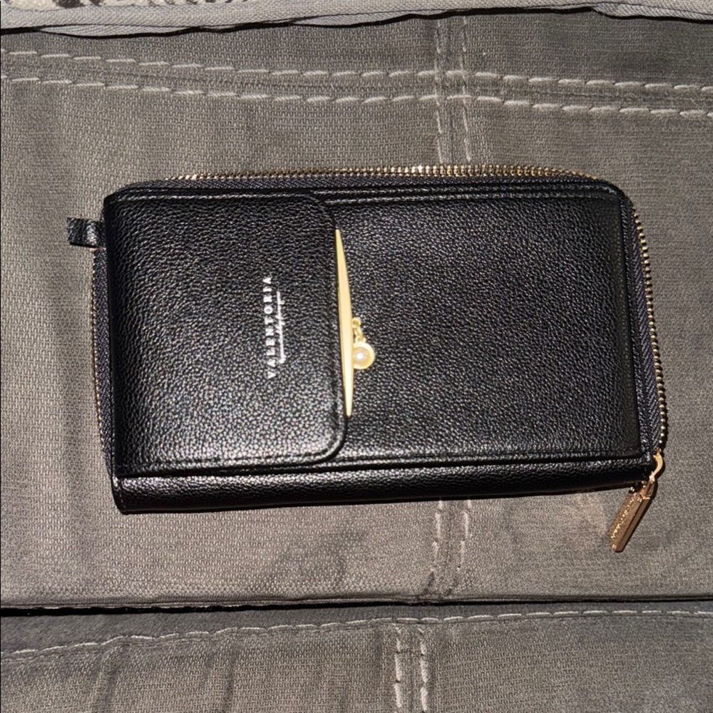 Black and Gold Textured Leather Clutch with Zip Closure